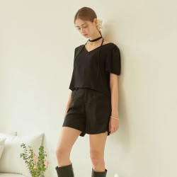 V neck strap blouse_black